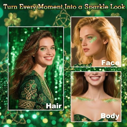 MEICOLY Green Face Body Glitter,St Patricks Day Chunky Hair Glitter for Women Kids,Self-Adhesive Holographic Green Accessories Irish Parade Makeup,Spirit Day Wear,Alien Costume,Festival Rave Outfits - Image 4