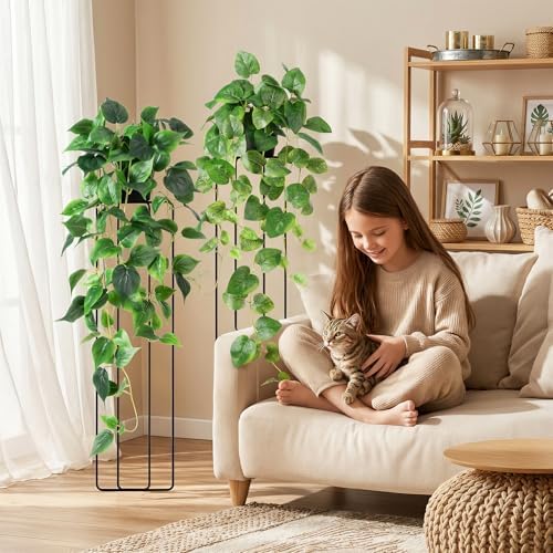 Fake Hanging Plants with Pots, 4PC Artificial Pothos Plant for Indoor Outdoor, Faux Ivy Vines Greenery, 33" Realistic Silk Plants for Wall Home Living Room Office Decor, Green - Image 3