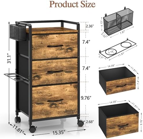 Salon Station for Hair Stylist, Rolling Salon Trolley Cart with Wheels, Beauty Barber Station with Metal Tool Holder & 3 Fabric Drawer, Mobile Storage Cabinet for Barbershop, Spa&Tattoo, Rustic Brown - Image 5