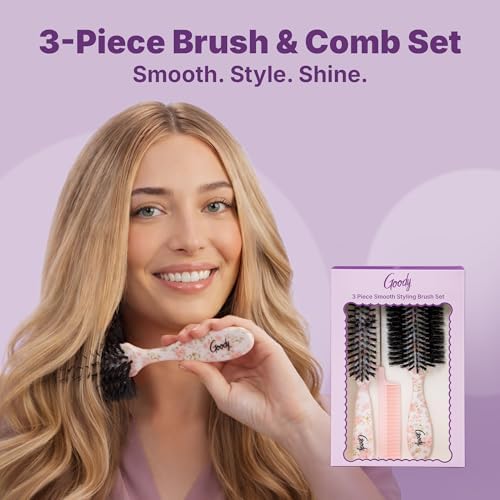 Goody 3-Piece Styling Hairbrush Set, Floral Pattern, Boar Bristle Smoothing Brush for Shine, Half-Round 180° Brush for Volume, Rat-Tail Comb for Precision, For All Hair Types, Gift for Women & Girls - Image 2