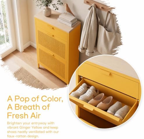 Slim Freestanding Hallway Shoe Cabinet, Metal Narrow Shoe Storage with 2 Flip Doors and Closed Drawer, Ventilated Shoe Organizer for Small Spaces, Entryway, Living Room,Yellow 40"H X 23.6"W X 11.8"D - Image 4