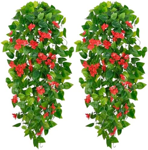 BLEUM CADE Artificial Hanging Flowers for Outdoors, 2pcs Fake Hanging Plants Pothos Vines with Red Flowers for Wall Home Living Room Indoor Outdoor Decor (No Baskets) by BLEUMCADE