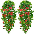 BLEUM CADE Artificial Hanging Flowers for Outdoors, 2pcs Fake Hanging Plants Pothos Vines with Red Flowers for Wall Home Living Room Indoor Outdoor Decor (No Baskets) by BLEUMCADE