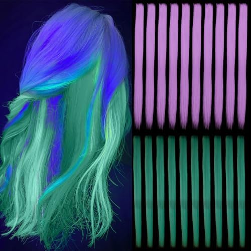 Ms Aloe Glow in the Dark Hair Extensions Light Purple Clip in Hair 22inch Synthetic Straight Hair Clip in Luminous Colored Hair Extensions for Women (10pcs Purple) by MsAloe