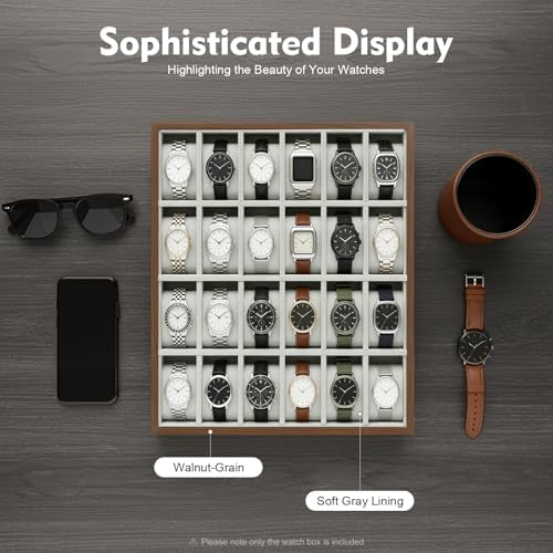LOYALHEARTDY 24 Grid Watch Jewelry Tray Organizer Wooden Box Organizer Display Tray Watch Bracelet Display Holder with Removable Pillow for Men & Women Storage and Display - Image 2