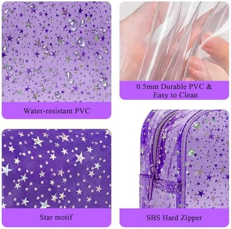 2PCS Clear Star Print Waterproof Makeup Bag, Lagre PVC Cosmetic Pouch with Zipper, Travel Toiletry Organizer for Women, Small Personal Item for Travel, Business Trip, Gym & Daily Use (Purple) - Image 4