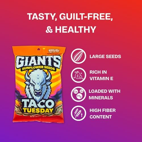 GIANTS Taco Tuesday Sunflower Seeds - Sunflower Seeds to Eat, High Protein Snack, Zesty Taco Seasoning, Source of Vitamin E & Fiber Content - 5 oz Resealable Bags (Bulk Pack of 12) - Image 3