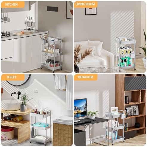 3 Tier Rolling Utility Cart with Handle,REBECAT Utility Cart Made of Multifunctional Storage Organizer Tool for Kitchen,Bathroom,Living Room,Office(Gray) - Image 6