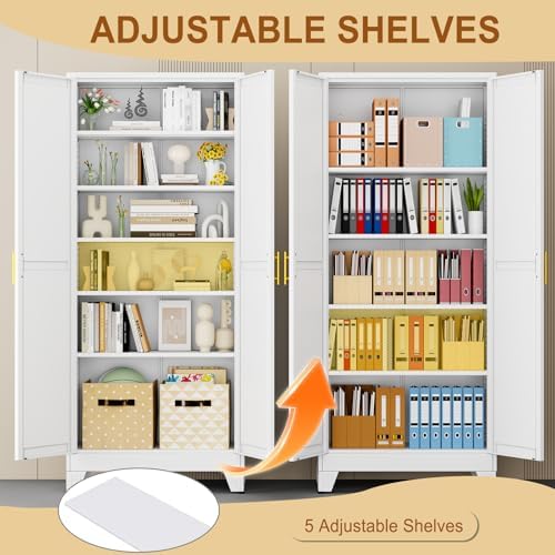 75" White Metal Storage Cabinet with 2 Doors and 5 Adjustable Shelves,Steel Garage Tool Cabinet, File Cabinet,Kitchen Pantry Cabinet for Home,Office,Garage,School,Warehouse - Image 4