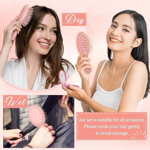 Meanplan 24 Pcs Mini Hair Brush Set 12 Travel Wet Dry Hair Combs Pocket Detangling 12 Compact Folding Makeup Mirrors for Spa Sleepover Birthday Bridal Shower Bachelorette Christmas Party Gift (Pink) - Image 6