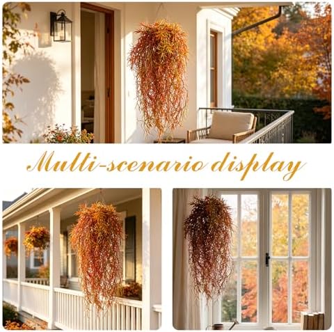 4Pcs Autumn Fake Hanging Fern Plants for Outdoors, UV Resistant Artificial Ferns Fall Vines Faux Trailing Plants for Indoor Wall Porch Home Thanksgiving Halloween Decor(4PCS Orange Ferns) - Image 4
