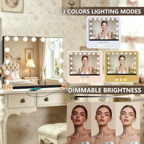 Ratsamee Black Hollywood Vanity Mirror with Lights, 15 Dimmable Bulbs, 3 Color Lights,Make Up Lighted Mirror, Aluminum Metal Frame, USB Charging Port（23" x 18"） - Image 3