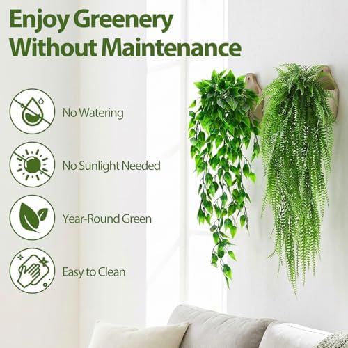 Daifunli 12 Pcs Artificial Hanging Plants Fake Hanging Ferns Plastic Fake Plant for Wall Room Garden Garland Indoor Outdoor Decor No Basket (Eucalyptu,Mandala,Boston,String of Pearl,Podocarpu,Pothos) - Image 2
