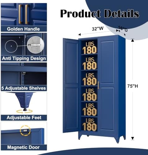 SteeLoong 75”Metal Pantry Storage Cabinet with Doors & 5 Adjustable Shelves - Image 3