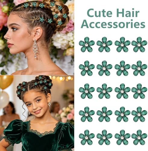 YISSION 20Pcs Mini Dark Green Plaid Flower Hair Clips, Rhinestone Decorative Hair Pins for Women and Girls Wedding Bridal Prom Daily Hairstyle Accessories - Image 3
