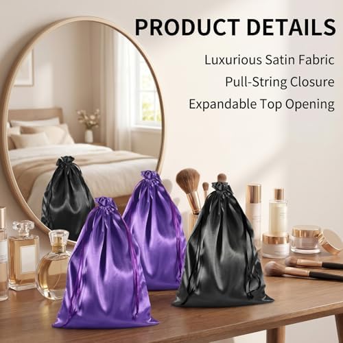 4 Pcs Wig Storage Bags with Satin Drawstring, 2 Colors Satin Bag Silk Hair Storage Bags Travel Bag for Packaging Wig Bundles Extensions - Image 3