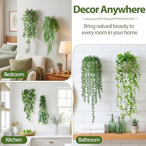 Daifunli 12 Pcs Artificial Hanging Plants Fake Hanging Ferns Plastic Fake Plant for Wall Room Garden Garland Indoor Outdoor Decor No Basket (Eucalyptu,Mandala,Boston,String of Pearl,Podocarpu,Pothos) - Image 4