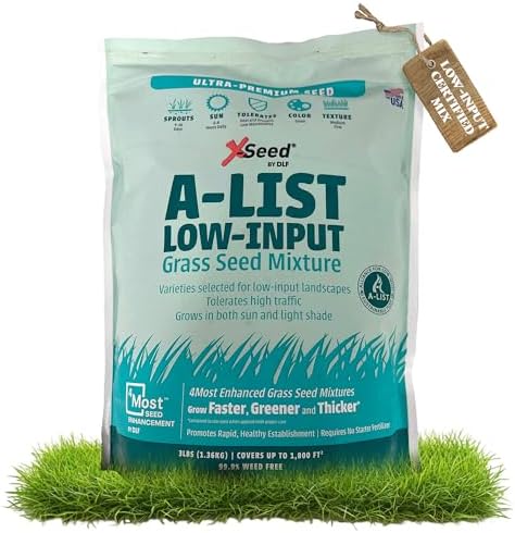 A-List Low Input Mixture Lawn Seed - Premium Grass Seeds for Lawn Repair Over Seeding and Thickening Ideal for Low Maintenance Drought-Resistant Lawn for High Traffic Sun and Light Shade Mix, 3 Pounds by DLF