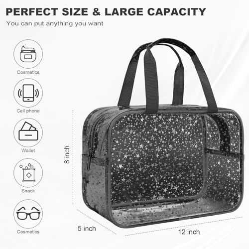 Clear Black Star Large Makeup Bag with Star Pattern 12x5x8 inch, Travel Cosmetic Bag with Handle, Durable PVC Material Washbag Zipper Opening Design for Makeup Travel Organizer or Gym Use - Image 2