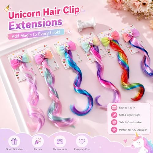 Ideal Swan 6 Set Hair Extensions Clip - Colored Straight Curly Hair Extensions for Kids Ponytails Girls, Rainbow Thick Wig Clip in Fake Bangs with Cute Unicorn Accessories (Curly Hair 02) - Image 6