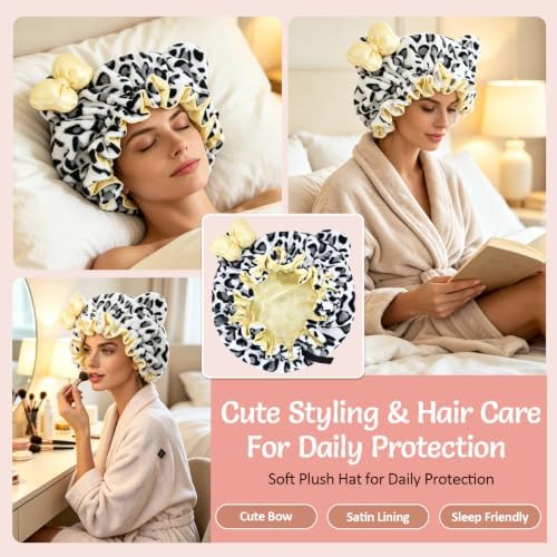 Cute Bear Ears Bow Bonnet Adjustable Sleep Cap Women Large - Image 5