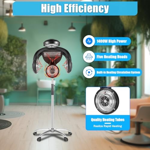 Hair Dryer, Multifunctional Salon Hair Dryer, Freestanding Hair Salon Steamer Hair Color Processor, Adjustable Height, 1.4KW 110V, Black (1400W Black) - Image 2