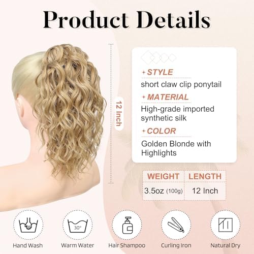 Flufymooz Ponytail Extension, 12" Short Claw Ponytail Extension Wavy Curly Jaw Clip in Pony tails Hair Extension Natural Synthetic Hairpiece for Women (Golden Blonde with Highlights) - Image 3