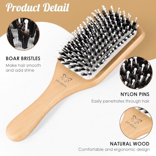 URTHEONE Hair Brush,Boar Bristle Hair Brushes and Styling Comb Set for Women Men Kids, Best Natural Wooden Paddle Hairbrush for Wet or Dry Hair Detangling Smoothing Massaging - Image 3