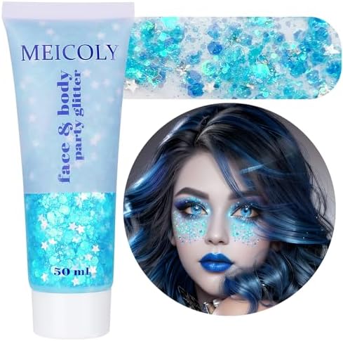 MEICOLY Light Blue Body Glitter,Mermaid Princess Face Glitter Gel,Ice Blue Hair Glitter Face Paint for Halloween,Frozen Birthday Party Decorations,Festival Rave Glitter Gel by MEICOLY