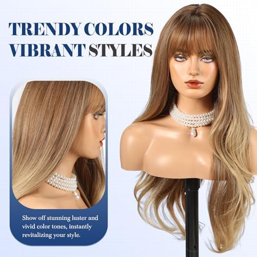 HAIRCUBE Long Ombre Brown Wig with Bangs Layered Curly Wigs for Women Natural Synthetic Wigs for Daily Use (pelucas de cabello natural) - Image 4