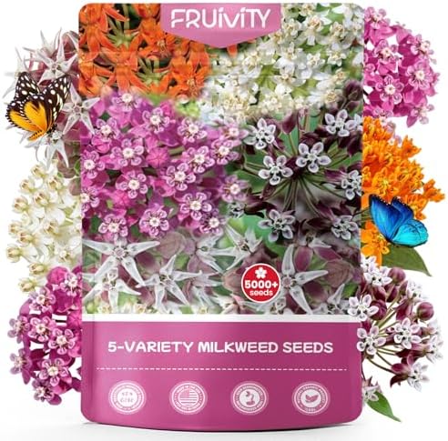 Milkweed Seeds Mix for Monarch Butterflies - Fruivity 5 Varieties Mixed Perennial Wildflower Milkweed Seeds Butterfly, Common, Showy, Pink Swamp & White Swamp - Flower Seeds for Garden by Fruivity