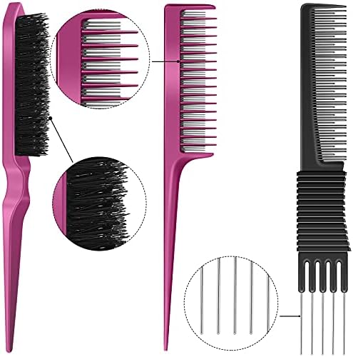 Patelai 3 Pcs Teasing Comb Edge Brush Rat Tail Comb Set,Black, Rose Red - Image 3