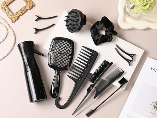 12 Pcs Hair Styling Brush Set with Detangler, Teasing, Rat Tail, Edge Brushes and Baby Hair Brushes - Soft Bristles for Baby Girls and Women (Black) - Image 4