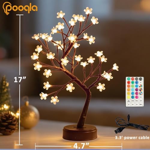Pooqla RGB Cherry Blossom Tree Light with Remote 28 Colors LED Artificial Flower Bonsai Tree, RGB Table Top Lamp Home Lit Tree Valentine's Day Decoration 36 LED, Brown Branch - Image 6