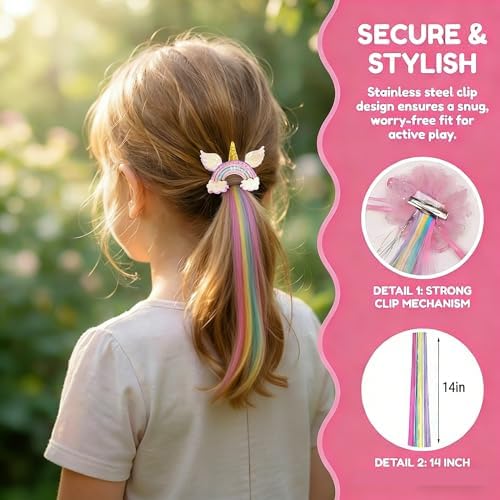 Little World Hair Clips for Girls, 6 Pcs Rainbow Hair Extensions, Unicorn Hair Clips for Girls Toddler Kids Ponytails, Hand-made Cute Glitter Hair Accessories - Image 2