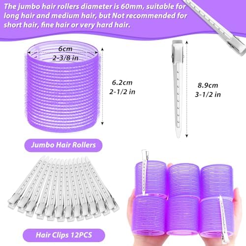 Jumbo Hair Curlers Rollers, 12Pcs Hair Roller Curlers Self Grip Holding Rollers with12 Stainless Steel Duckbill Clips for Long Hair Volume (Purple) - Image 3