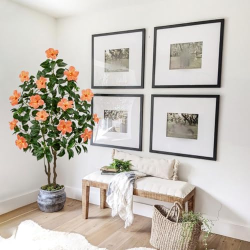Briful Artificial Hibiscus Tree 5.25ft Tall Real Touch Fake Tree with Orange Flowers Potted Faux Plant Indoor Realistic Floor Plants for Front Porch Outdoor Home, Patio Decor - Image 5