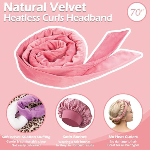 Heatless Curls Overnight Headband, 70'' No Heat Hair Curlers with Hair Bonnet for Sleeping, Light Pink - Image 5