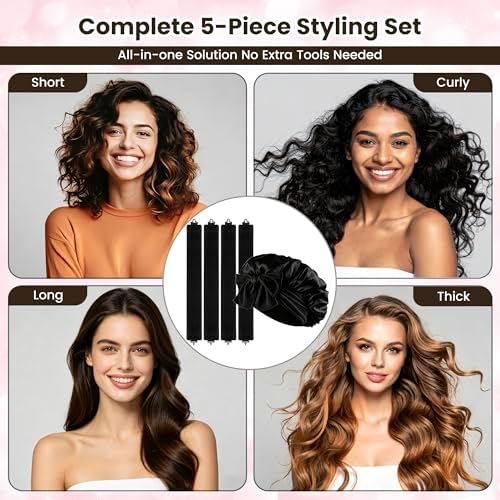 Heatless Curls Overnight, Velvet Heatless Hair Curler Set with Hook Closure – 4 Soft Hair Rollers Blowout Rods + Satin Hair Bonnet for Sleeping, Flexi Rods for Long Hair Women (C - BLACK) - Image 6