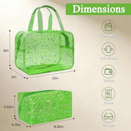 2PCS Clear Star Print Waterproof Makeup Bag, Lagre PVC Cosmetic Pouch with Zipper, Travel Toiletry Organizer for Women, Small Personal Item for Travel, Business Trip, Gym & Daily Use (Green) - Image 2