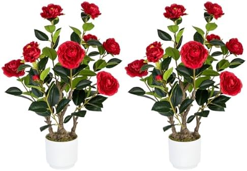 2 Pack Artificial Camellia Tree with White Pot, 24" Faux Potted Plants for Indoor Outdoor Decor, Tall Silk Greenery Plant for Home Office Living Room Balcony, Red by Jcezvnt