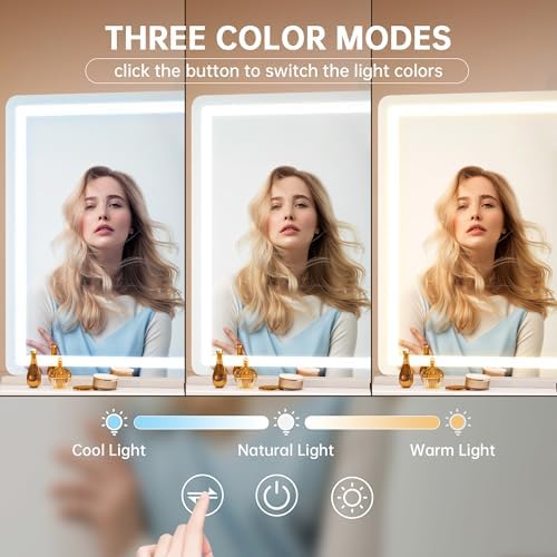 Hasipu Vanity Mirror with Lights, 55.1" x 36" LED Makeup Mirror, Lighted Makeup Mirror with Dimmable 3 Modes, Touch Screen Control Vanity Mirror Round White - Image 3
