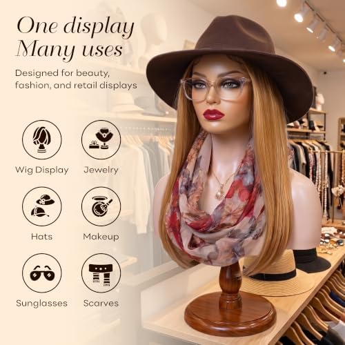 Realistic Female Mannequin Head with Shoulders – Lifelike Cosmetology Manikin Display Bust for Wigs, Jewelry, Necklaces, Hats, Sunglasses, Scarves & Makeup Practice. (Brown red Lip) - Image 4