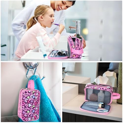 Cheetah Kids Toiletry Bag for Girls, Travel Toiletry Bag for Little Young Girls Cosmetic Bag Makeup Bag Waterproof Hanging Wash Bag Toddler Toiletries, Pink Leopard - Image 6