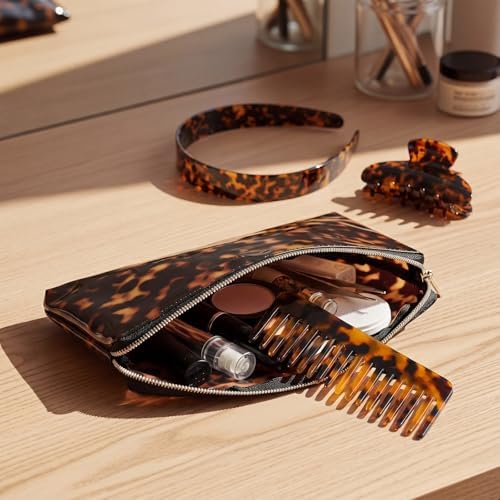 Thiccywoov 4 Pcs Tortoise Shell Makeup Bag with Hair Accessories Set for Women, Travel Cosmetic Pouch, Wide Headband, Large Claw Clip, Wide Tooth Comb, Retro Hair Styling Gift Set - Image 4
