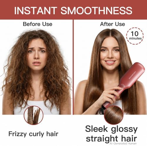 MEGAWISE Ceramic Ionic Hair Straightener Brush, Dual Voltage, Red - Image 2