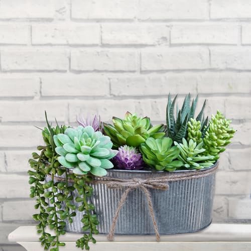 Winlyn 10" Artificial Succulent Arrangement Centerpiece Fake Succulent Plants in Rustic Metal Oval Planter Faux Potted Succulents for Home Office Bedroom Table Windowsill Shelf Mantel Decor - Image 4