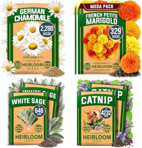 HOME GROWN Herb & Flower Seed Collection – Chamomile, Marigold, Catnip & White Sage – 7,487+ USA Heirloom Non-GMO Seeds for Planting Indoors or Outdoors by HOMEGROWN