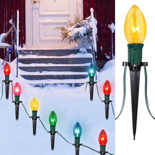 SUNSGNE Christmas Pathway Lights Outdoor, 38FT Colored Christmas Lights with 25 C9 Multicolor Bulbs and 25 Plastic Stakes for Walkway Sidewalk Driveway Lawn Yard Path Garden Decor by SUNSGNE