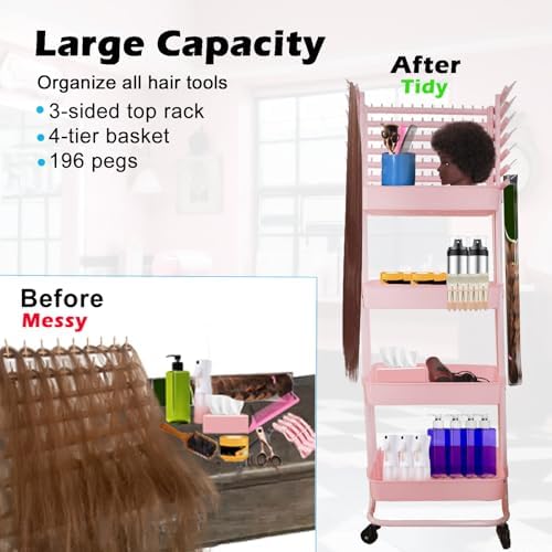 Braiding Hair Rack with 196 Pegs, Hair Extension Holder with 4 Tiers Storage Cart, Elegent Pink Braiding Rack Stand for Hair Braider, Sturdy Hair Rack for Salon, Home, Beauty School - Image 4